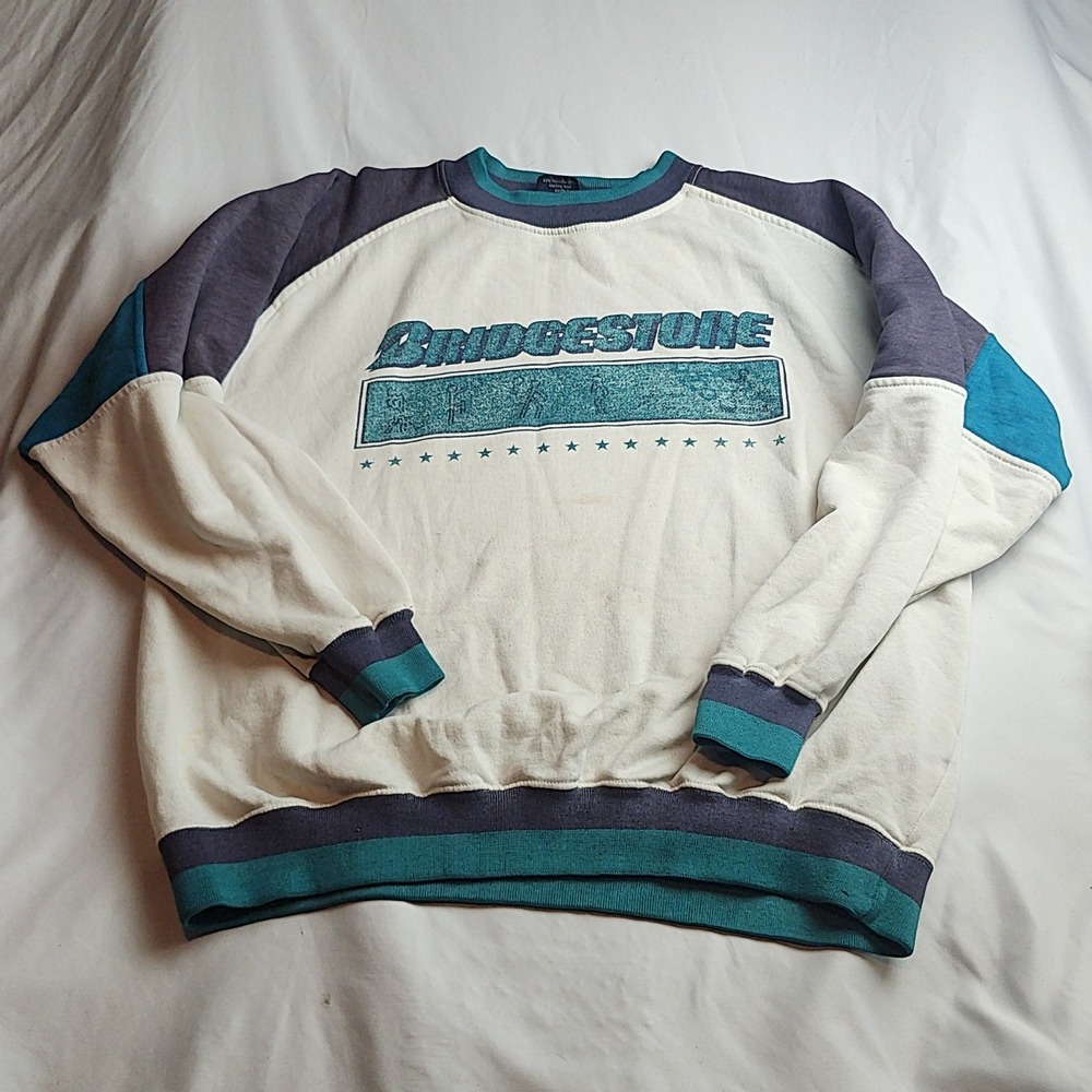 VTG Swingster Bridgestone Crewneck Sweatshirt Color Block White Teal Navy Large